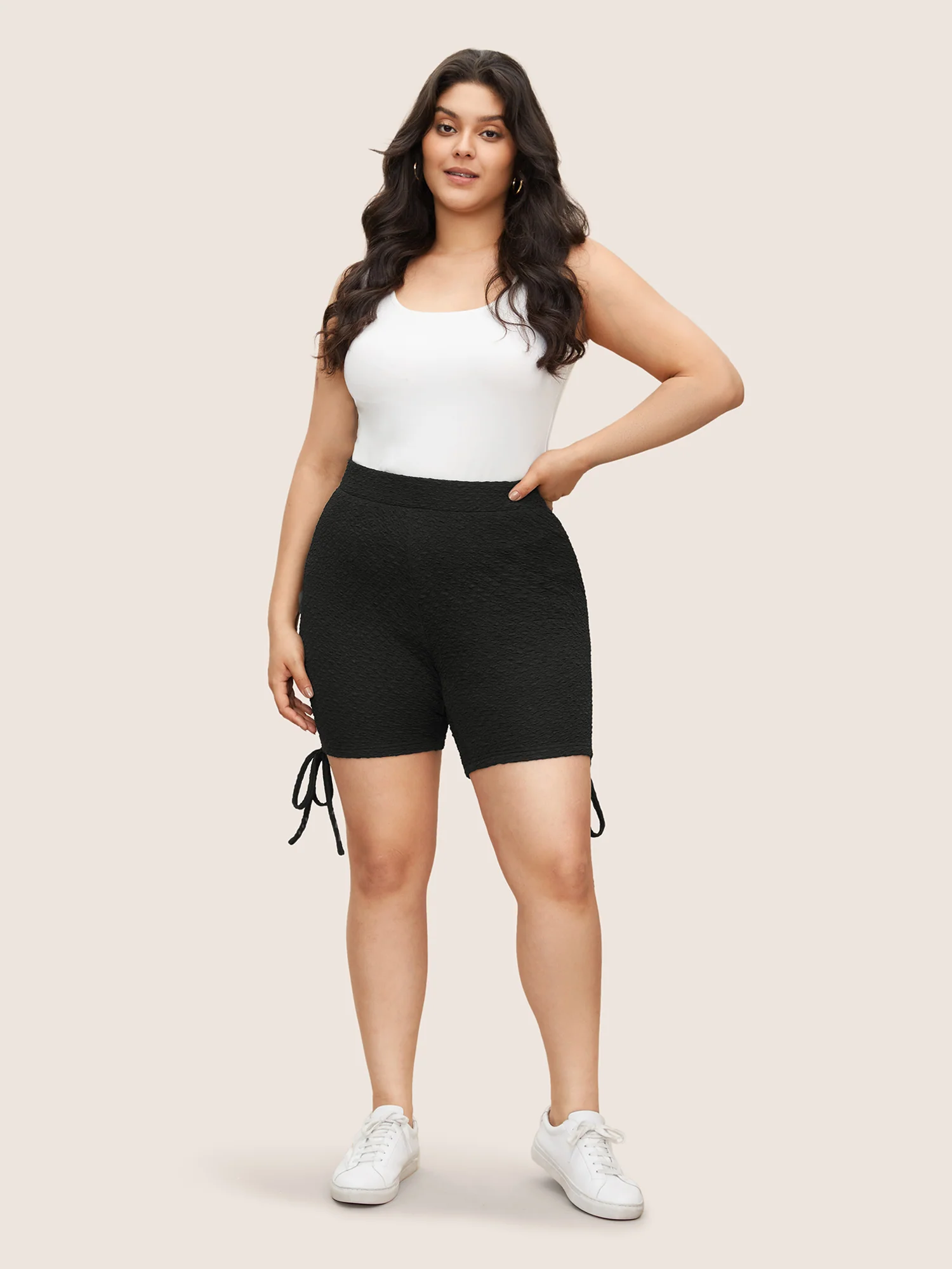 Plisse Tie Knot Elastic Waist High Rise Leggings - Image 2