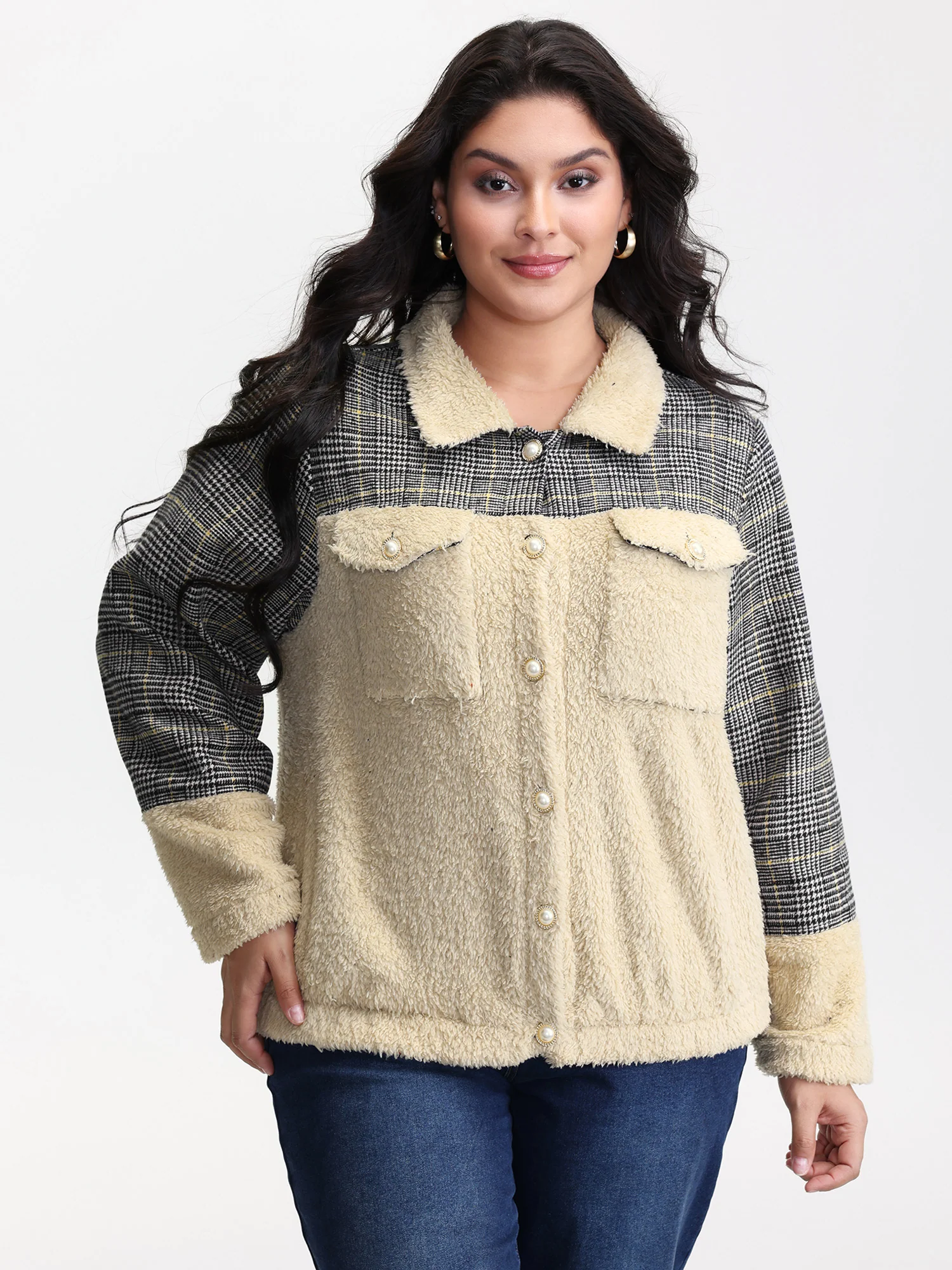 Plush Patchwork Patch Pockets Jacket - Image 3