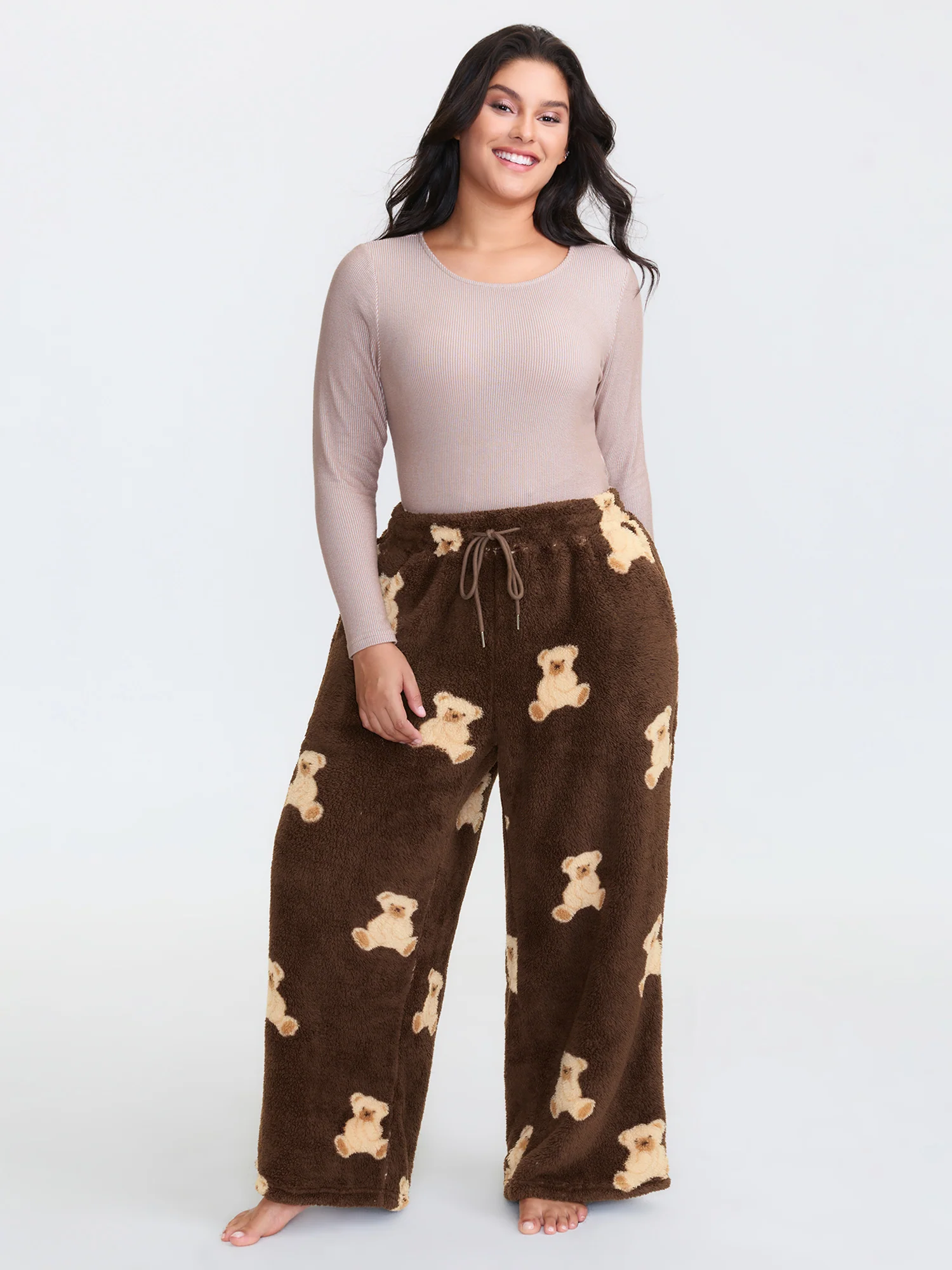 Plush Teddy Pattern Pockets Lounge Bottoms - Image 2