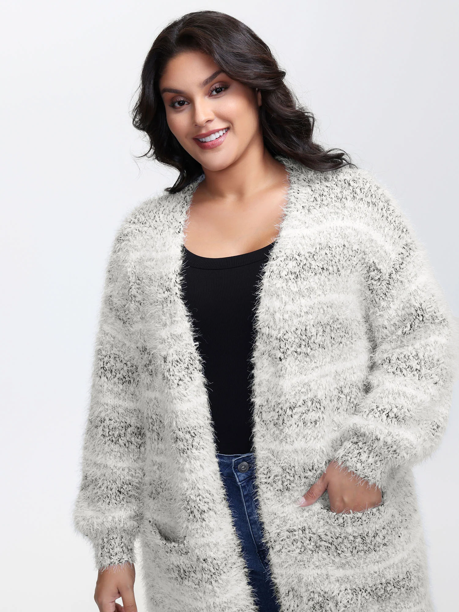 Plush Textured Striped Knit Cardigan - Image 2