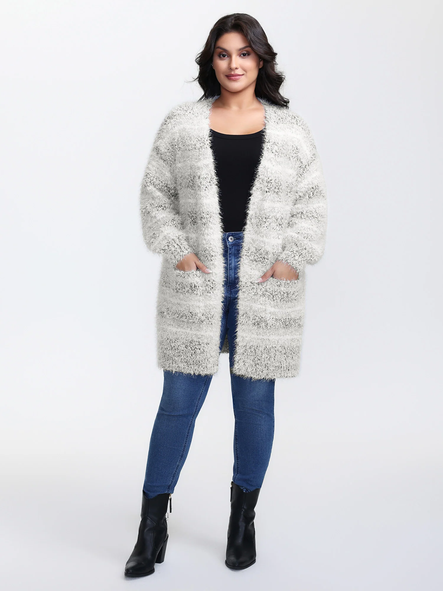 Plush Textured Striped Knit Cardigan - Image 3