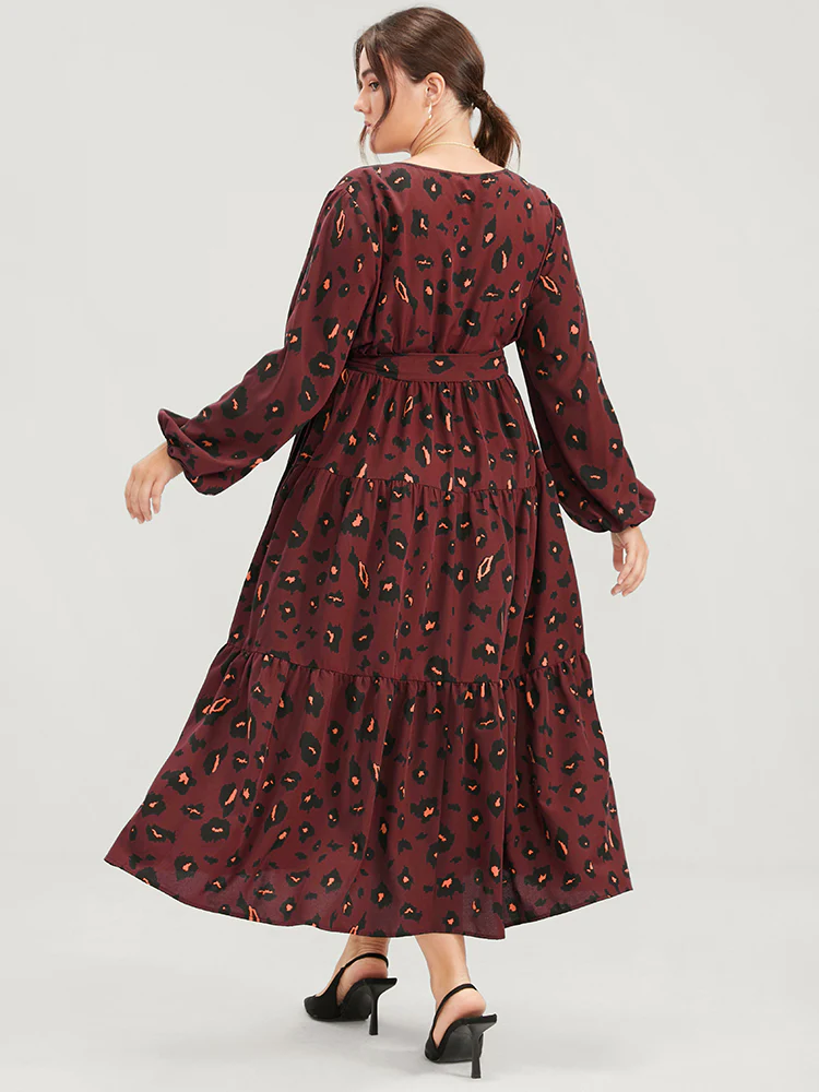 Pocket Button Surplice Neck Allover Print Belted Dress - Image 2