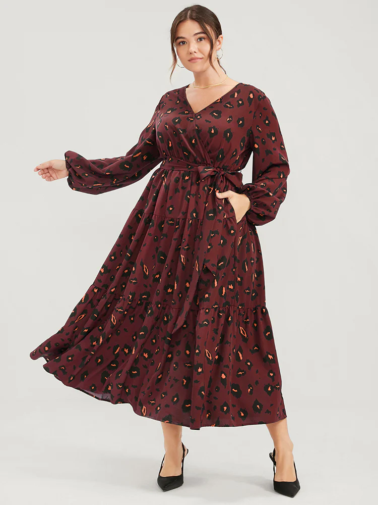 Pocket Button Surplice Neck Allover Print Belted Dress - Image 3