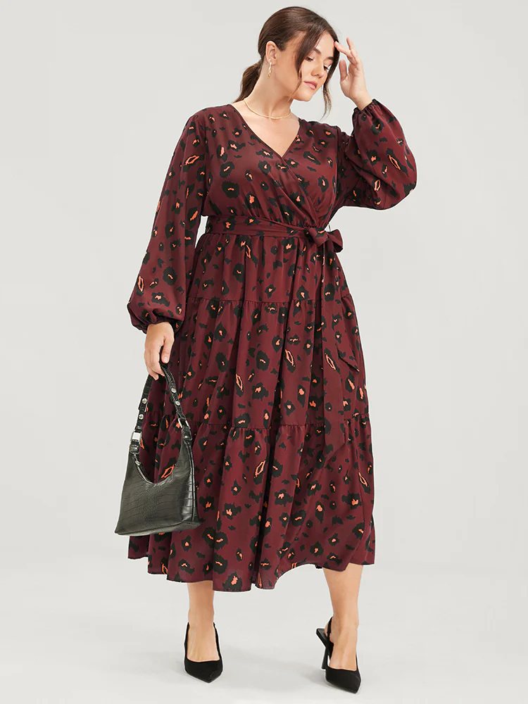 Pocket Button Surplice Neck Allover Print Belted Dress - Image 4