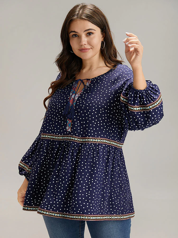 Polka Dot Bandana Trim Ties Blouse - Image 2