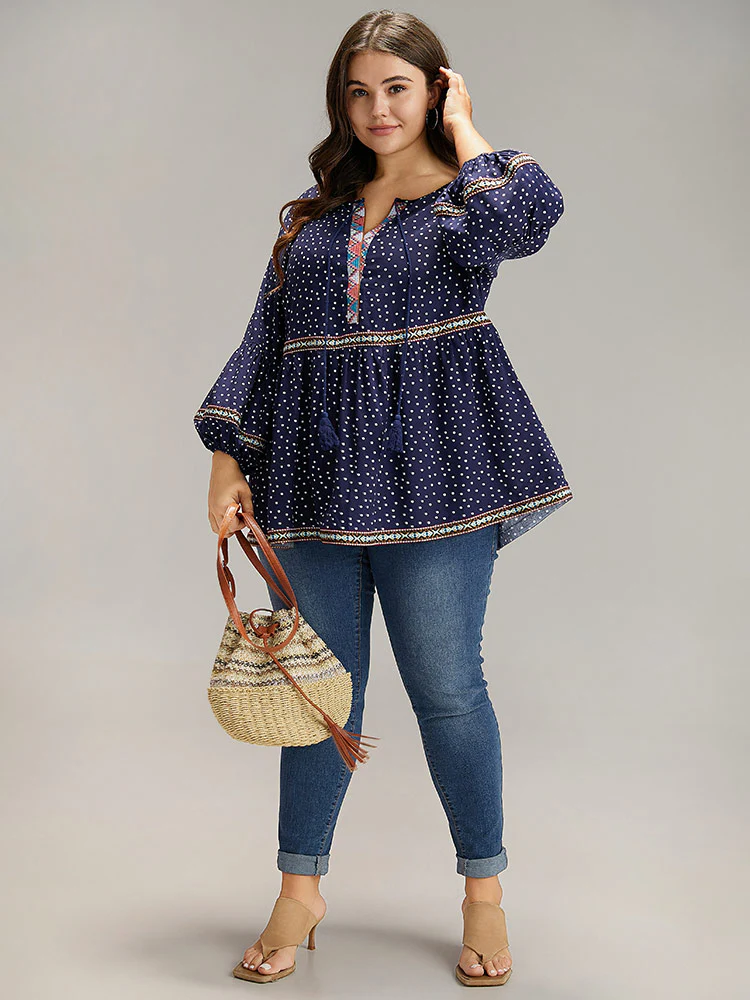 Polka Dot Bandana Trim Ties Blouse - Image 3