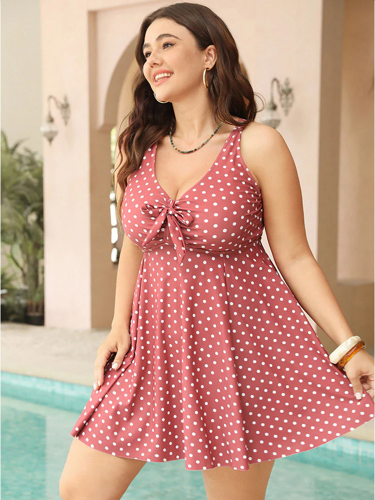 Polka Dot Bowknot Crossover Ruched Front Swim Dress - Image 3