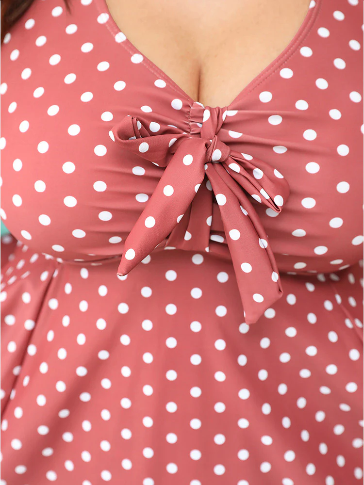 Polka Dot Bowknot Crossover Ruched Front Swim Dress - Image 7