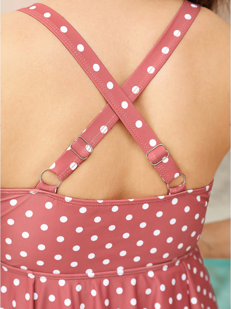Polka Dot Bowknot Crossover Ruched Front Swim Dress - Image 8