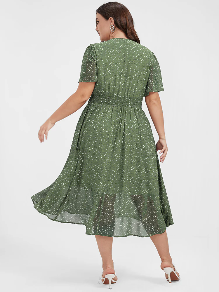 Polka Dot Button Pocket Shirred Ruffles Wrap Dress - Image 2