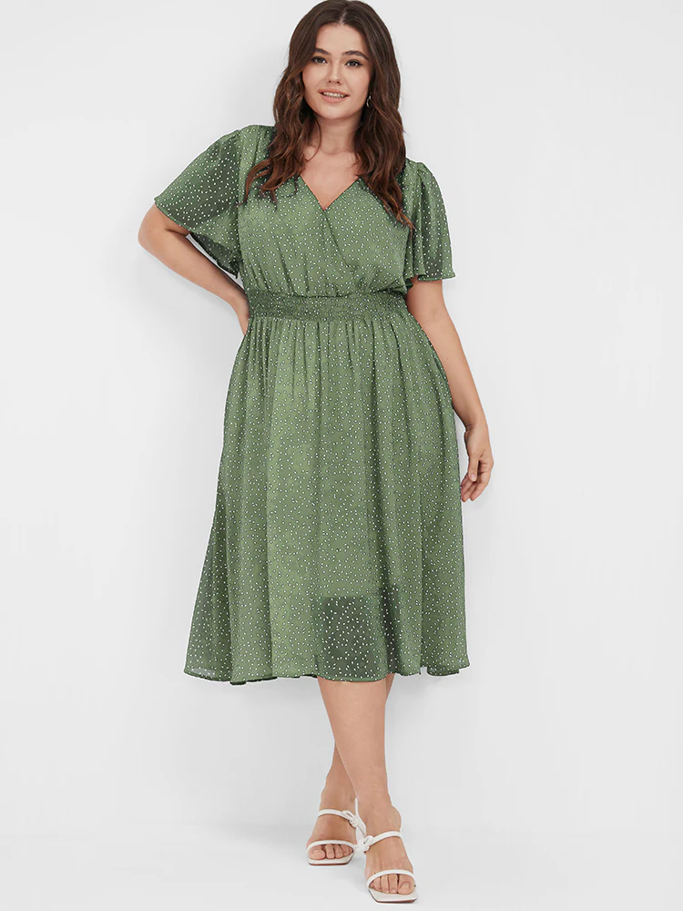 Polka Dot Button Pocket Shirred Ruffles Wrap Dress - Image 3