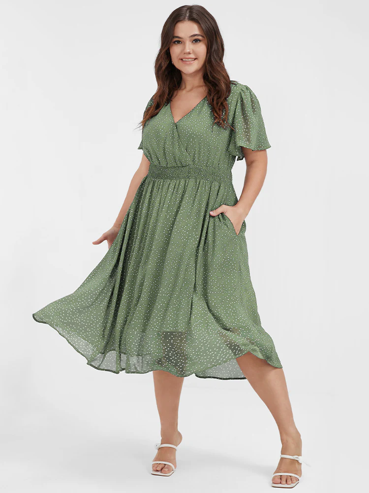 Polka Dot Button Pocket Shirred Ruffles Wrap Dress - Image 4