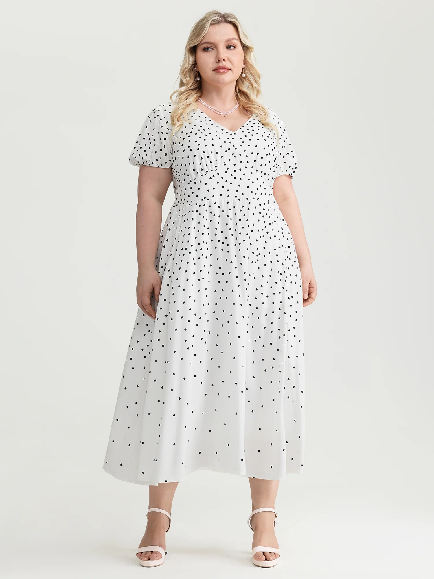 Polka Dot Charm Cinched-Waist Shirred Midi Dress - Image 3