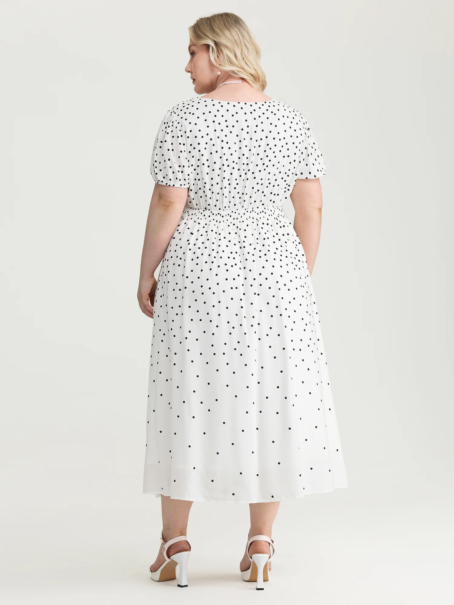 Polka Dot Charm Cinched-Waist Shirred Midi Dress - Image 4