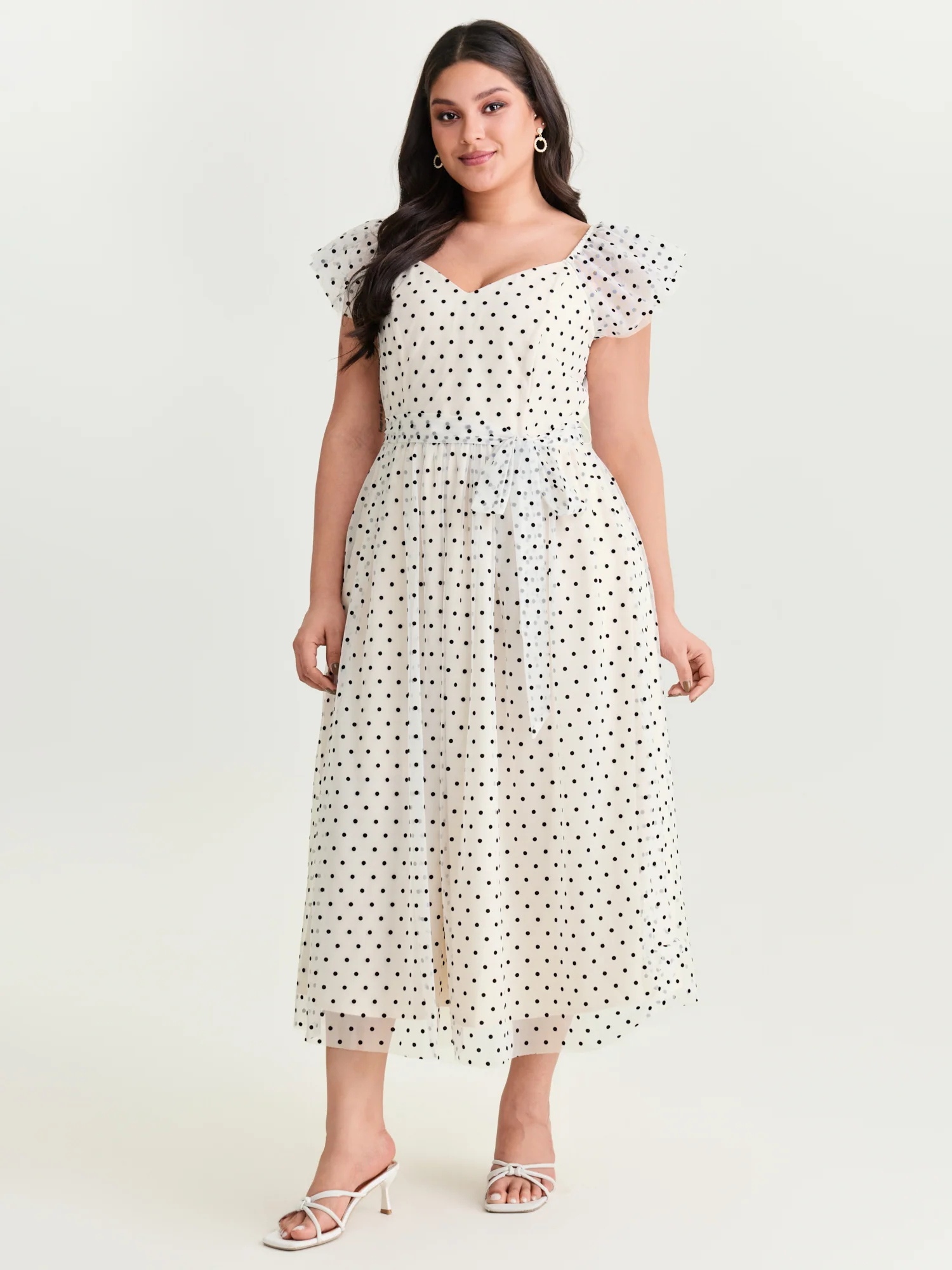 Polka Dot Charm Shirred Sheer Midi Dress - Image 3