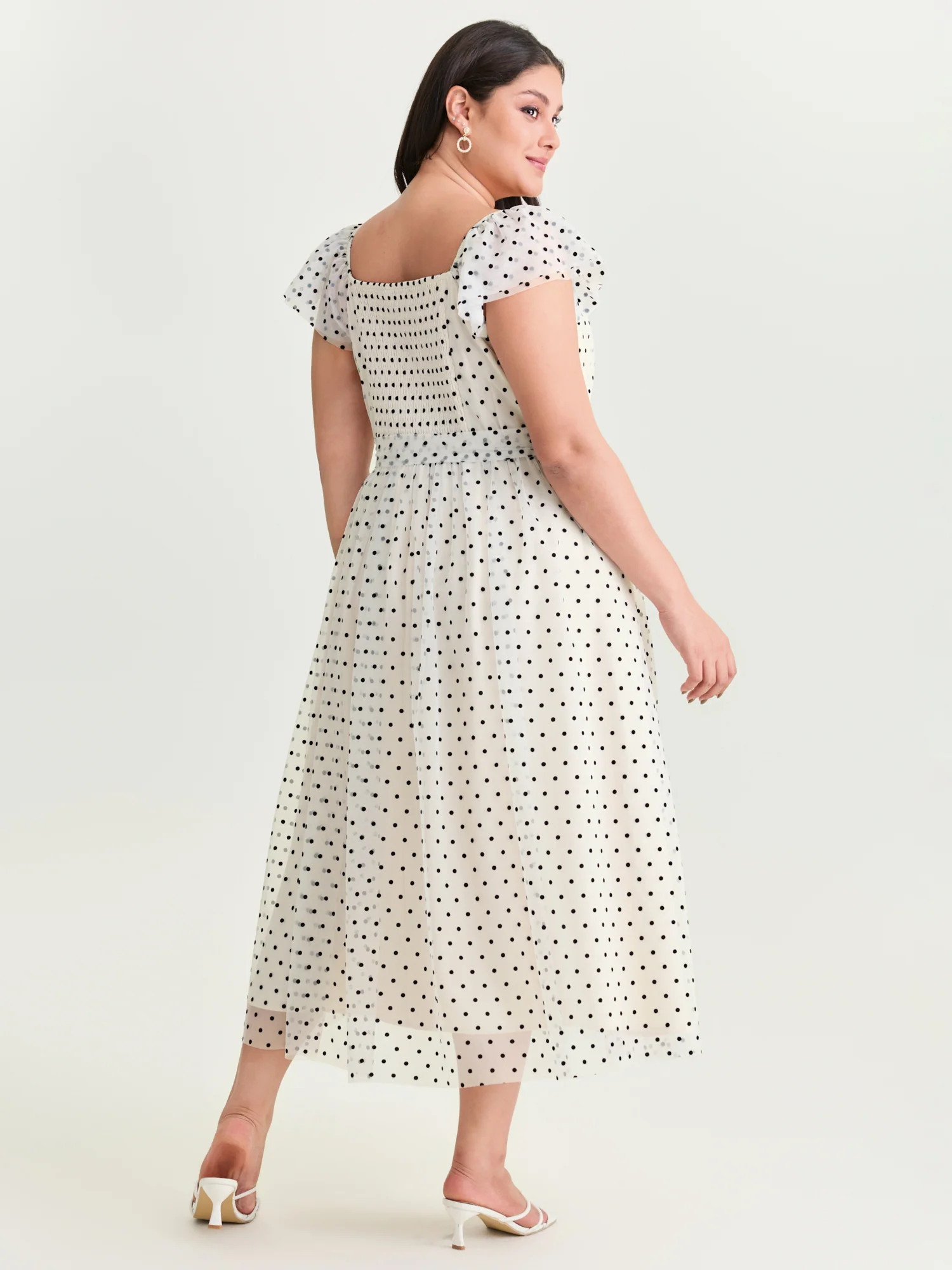 Polka Dot Charm Shirred Sheer Midi Dress - Image 4