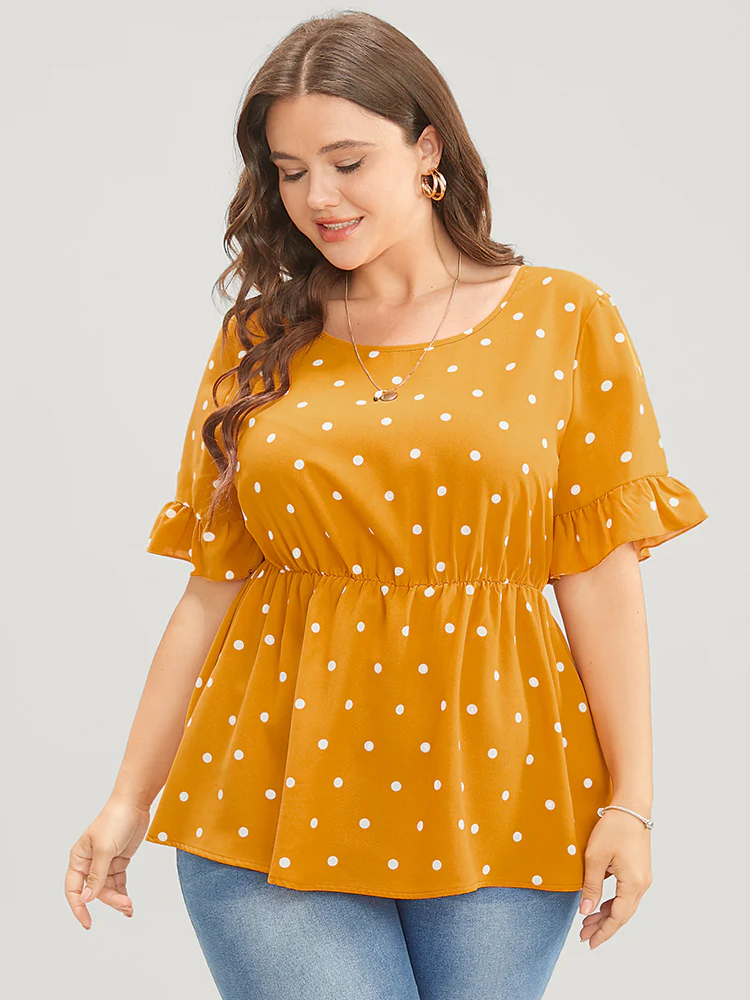 Polka Dot Crisscross Back Ruffles Trim T-shirt - Image 2