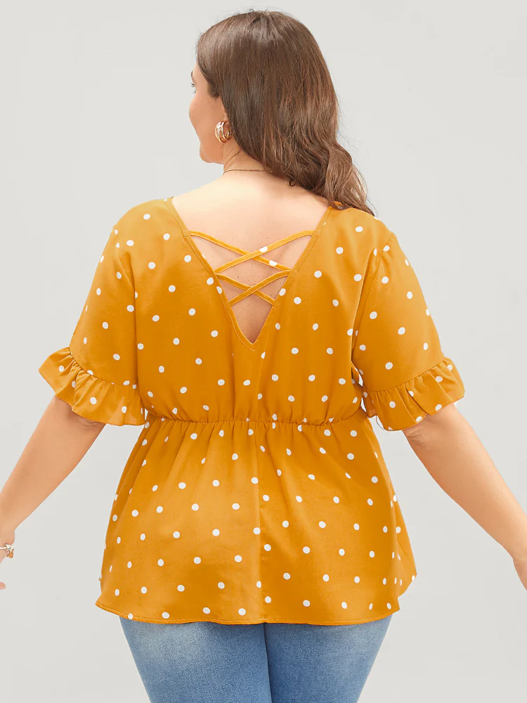 Polka Dot Crisscross Back Ruffles Trim T-shirt - Image 4