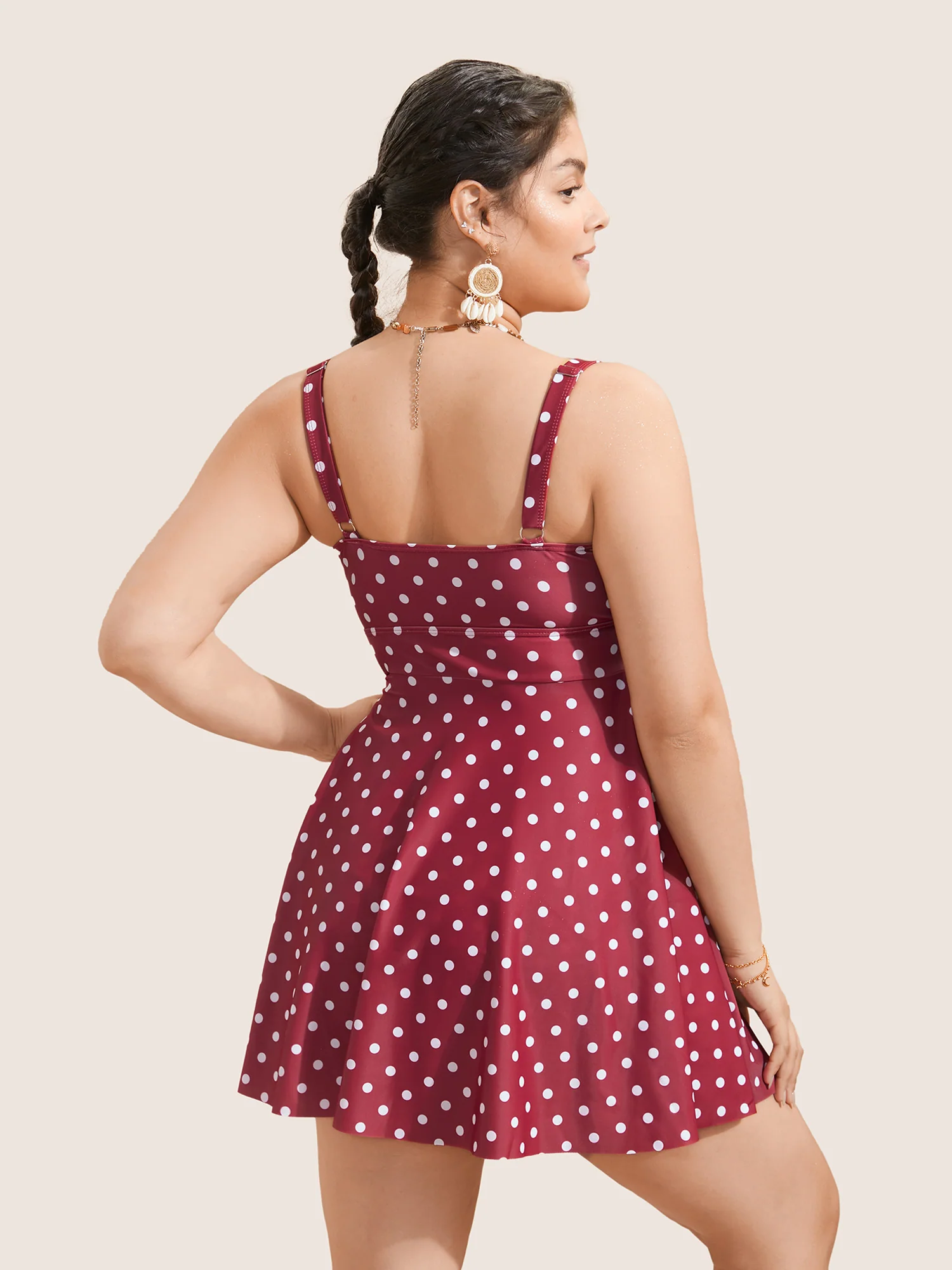 Polka Dot Crossover Ruched Flutter Hem Swim Dress - Image 10