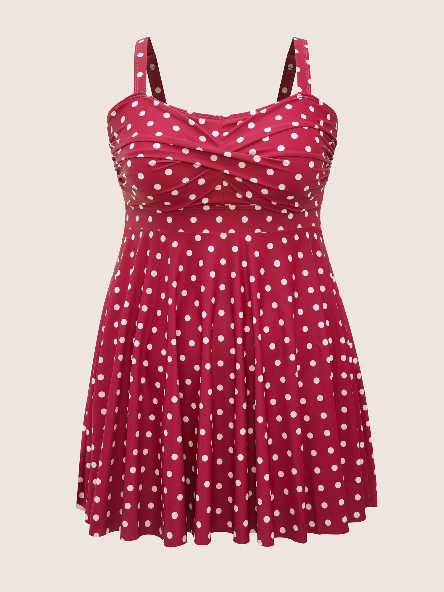 Polka Dot Crossover Ruched Flutter Hem Swim Dress - Image 14