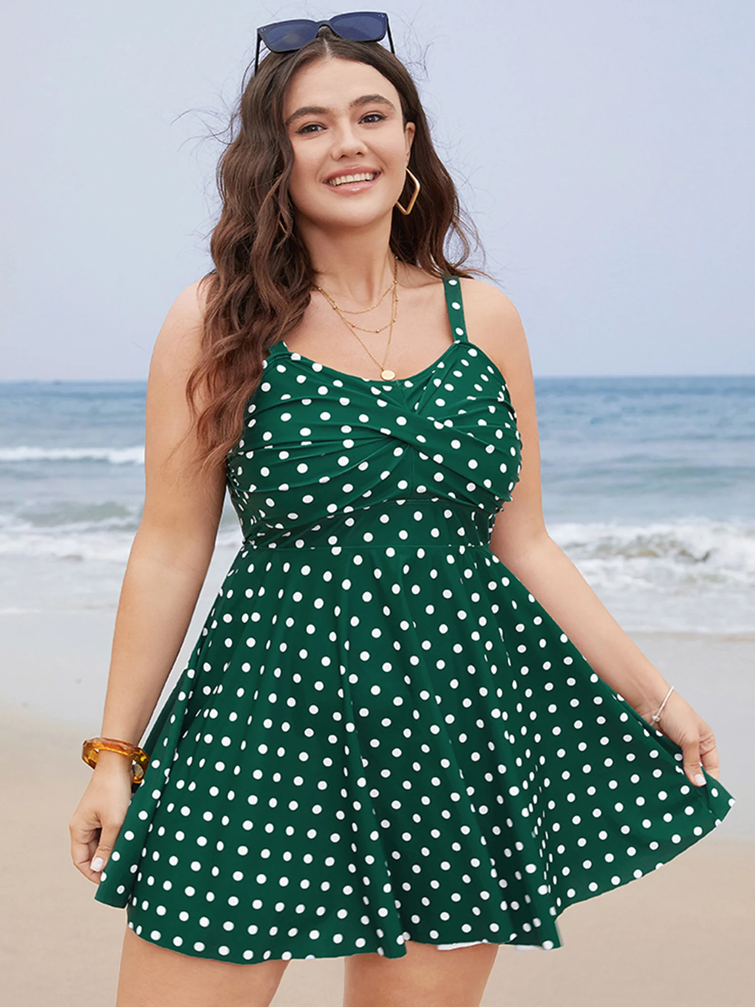 Polka Dot Crossover Ruched Flutter Hem Swim Dress - Image 17