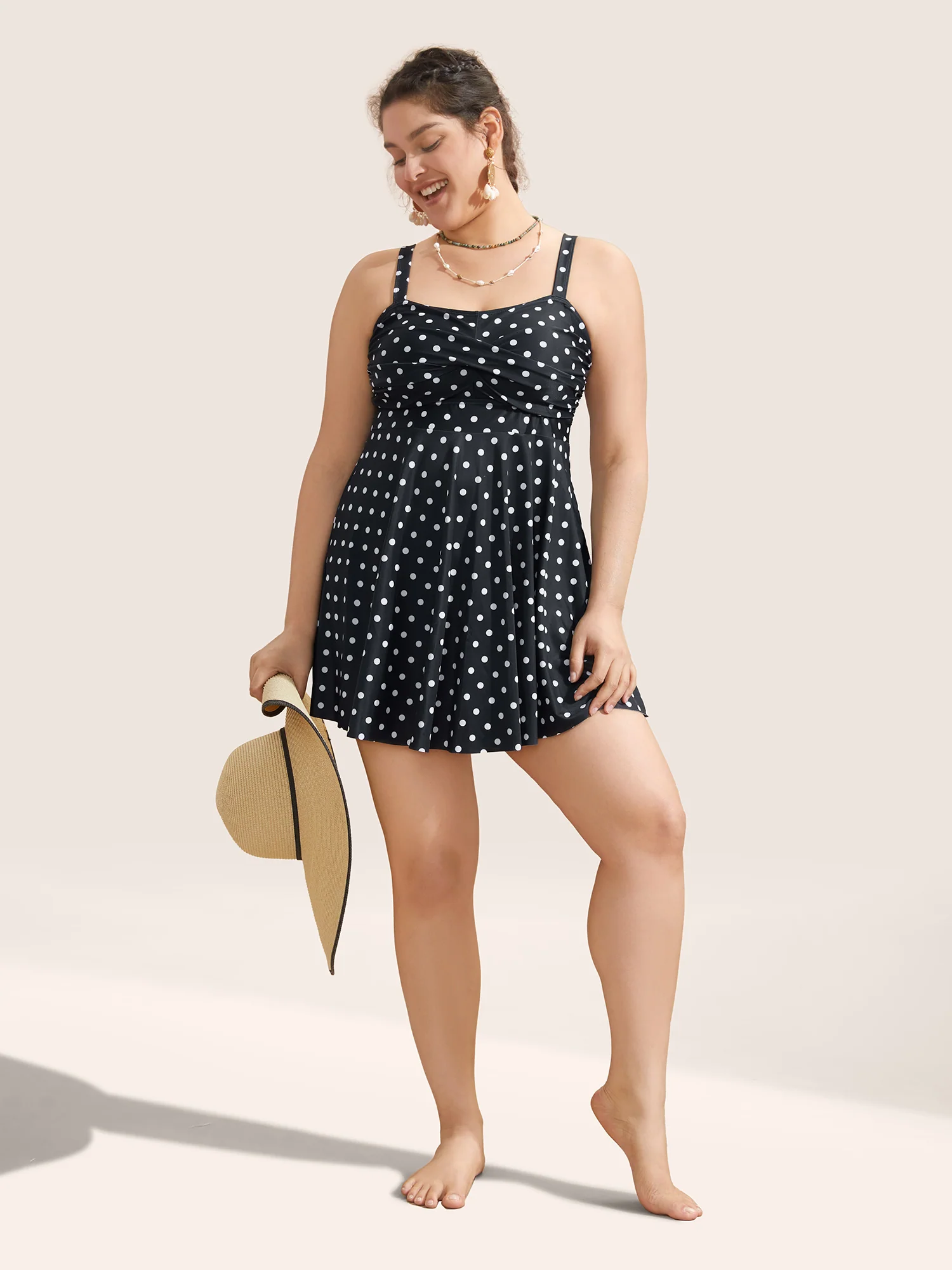 Polka Dot Crossover Ruched Flutter Hem Swim Dress - Image 2
