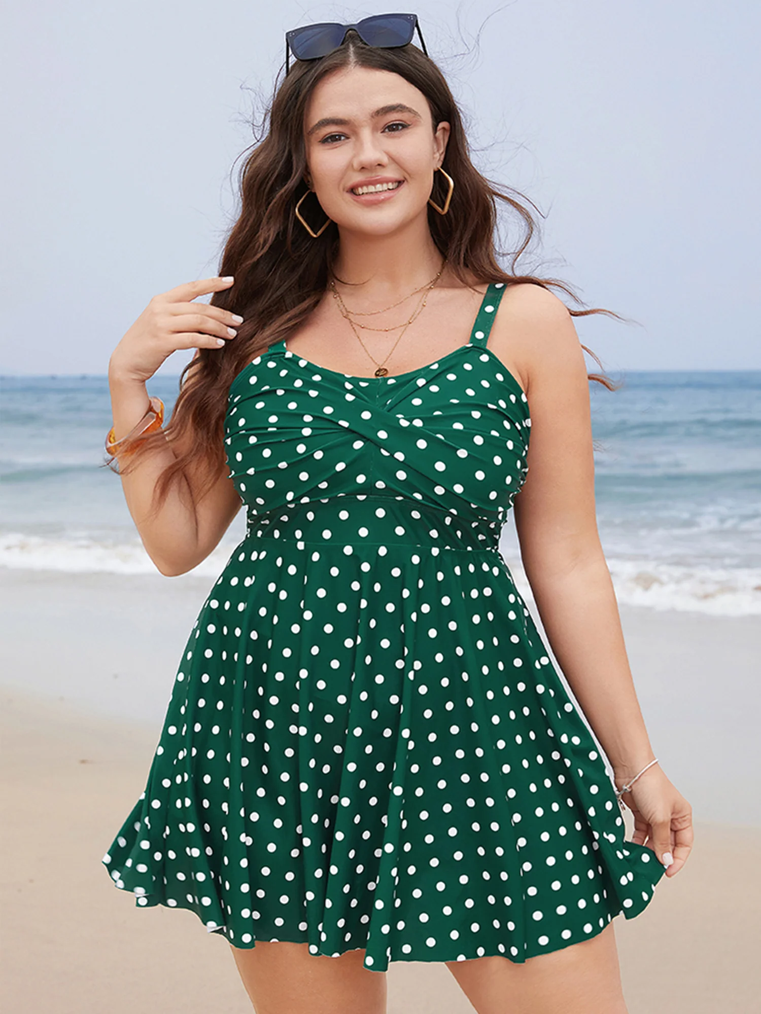 Polka Dot Crossover Ruched Flutter Hem Swim Dress - Image 20