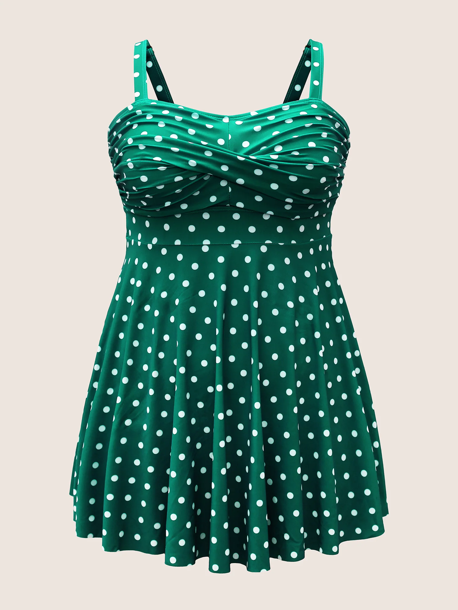 Polka Dot Crossover Ruched Flutter Hem Swim Dress - Image 24