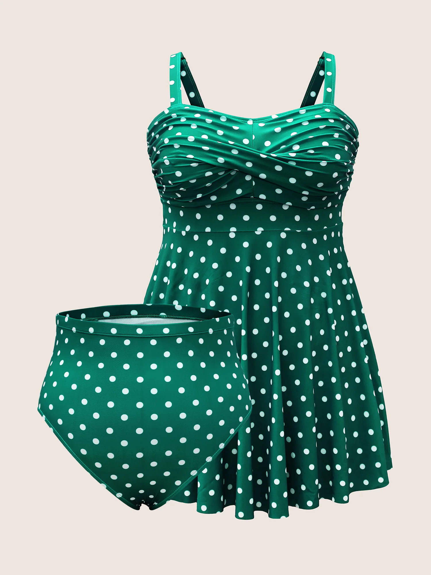 Polka Dot Crossover Ruched Flutter Hem Swim Dress - Image 25