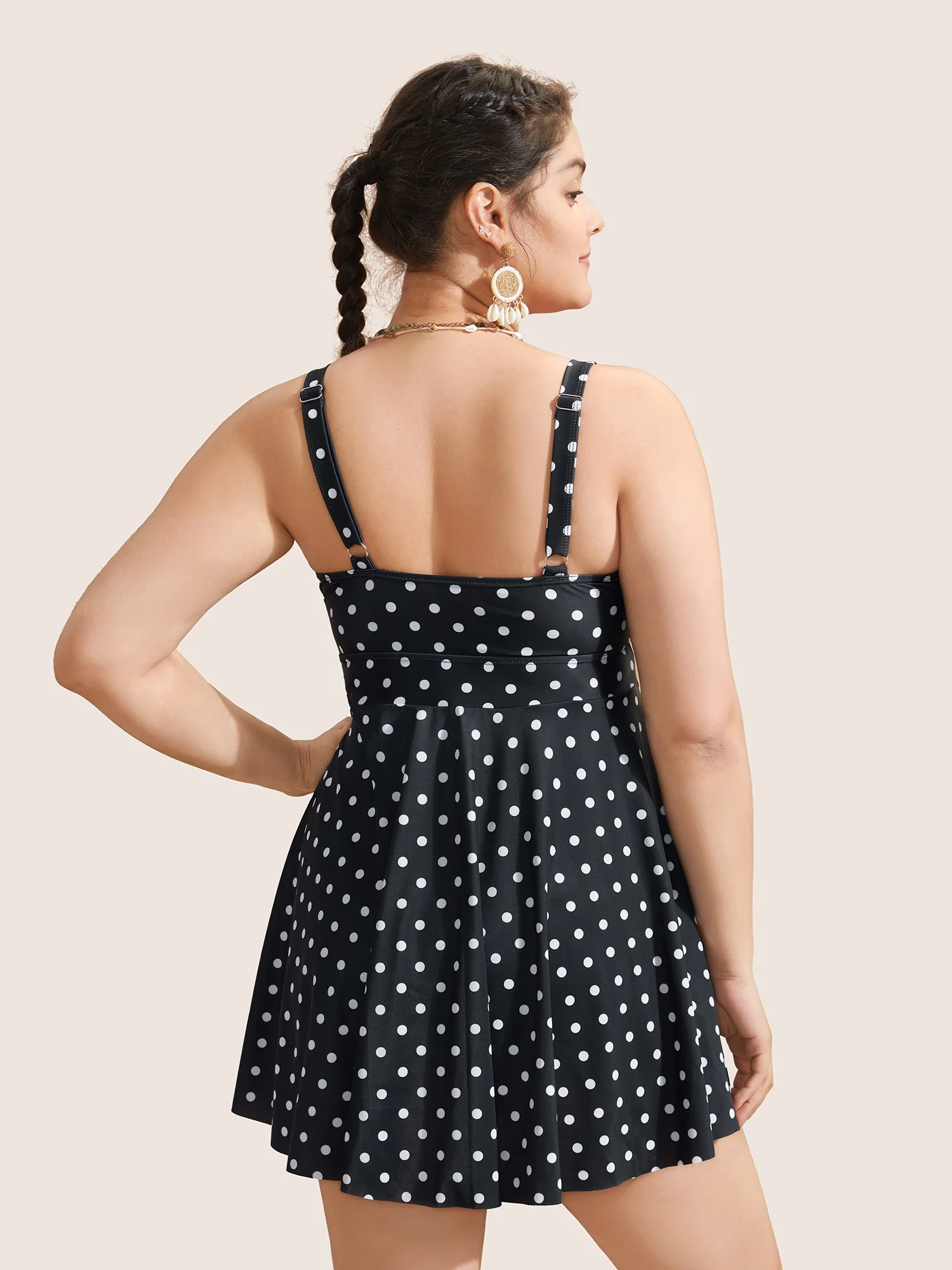 Polka Dot Crossover Ruched Flutter Hem Swim Dress - Image 3