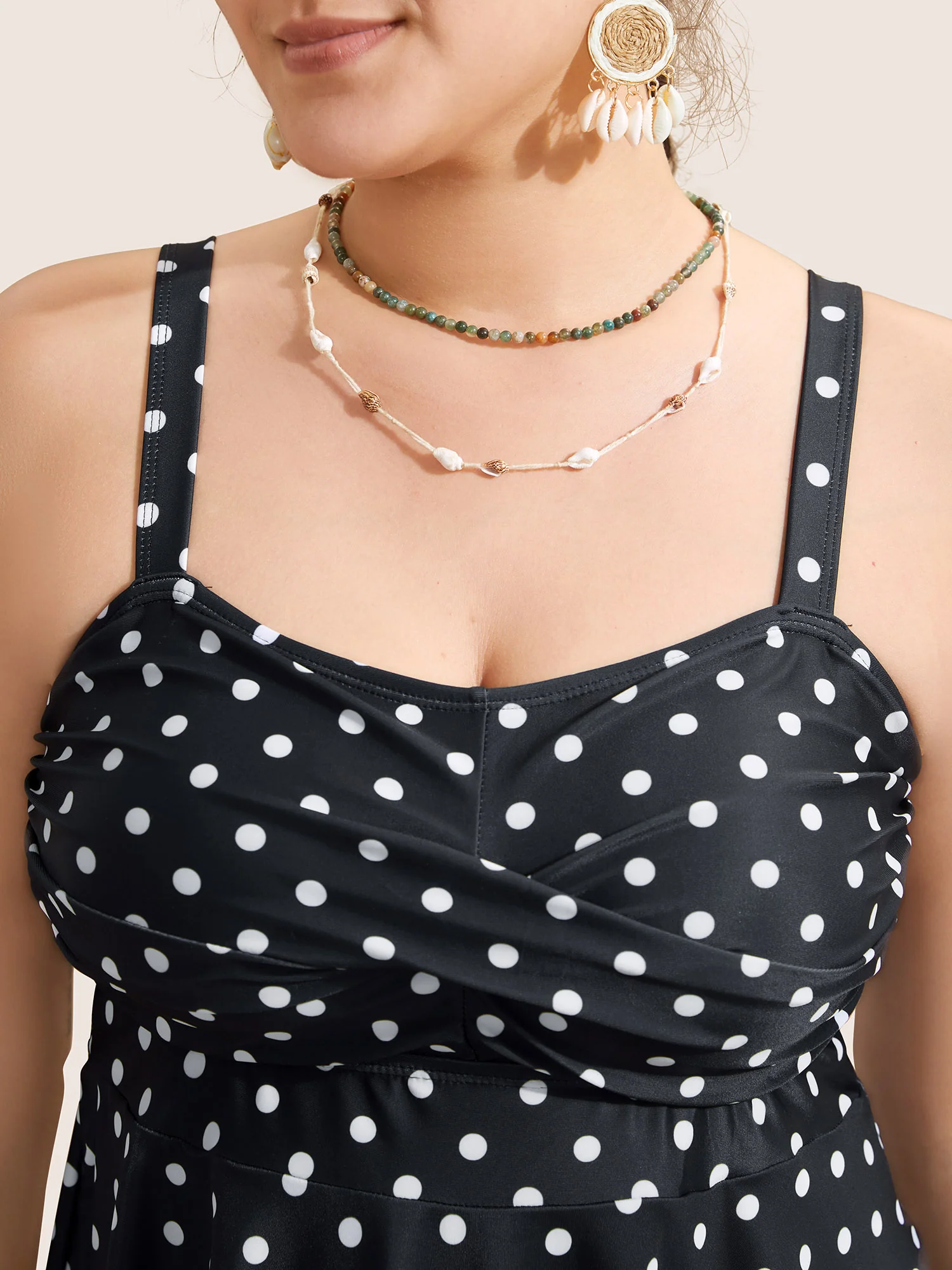 Polka Dot Crossover Ruched Flutter Hem Swim Dress - Image 4