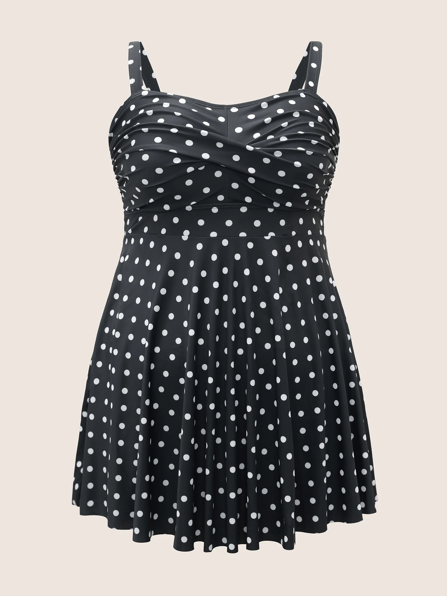 Polka Dot Crossover Ruched Flutter Hem Swim Dress - Image 7