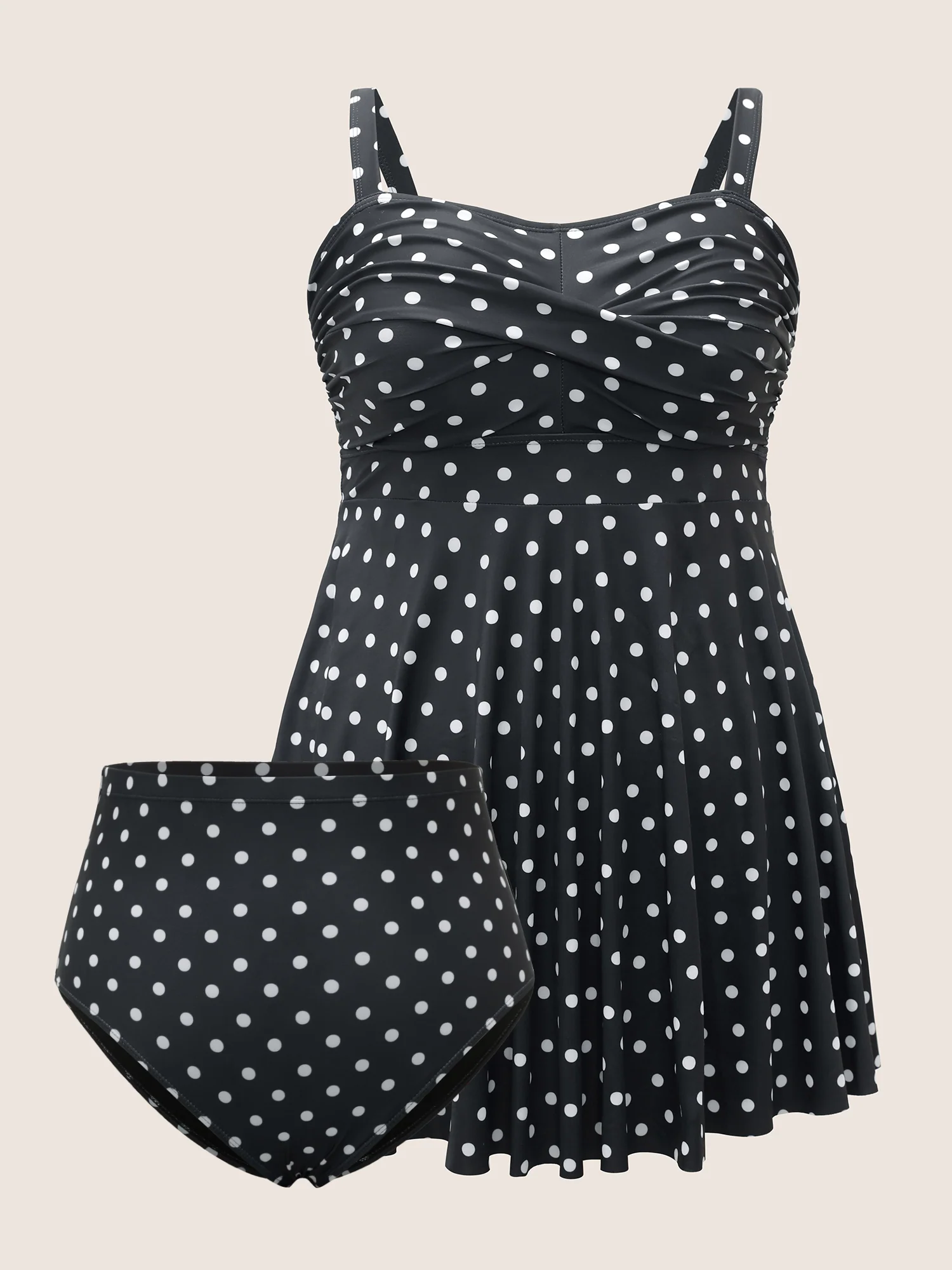 Polka Dot Crossover Ruched Flutter Hem Swim Dress - Image 8