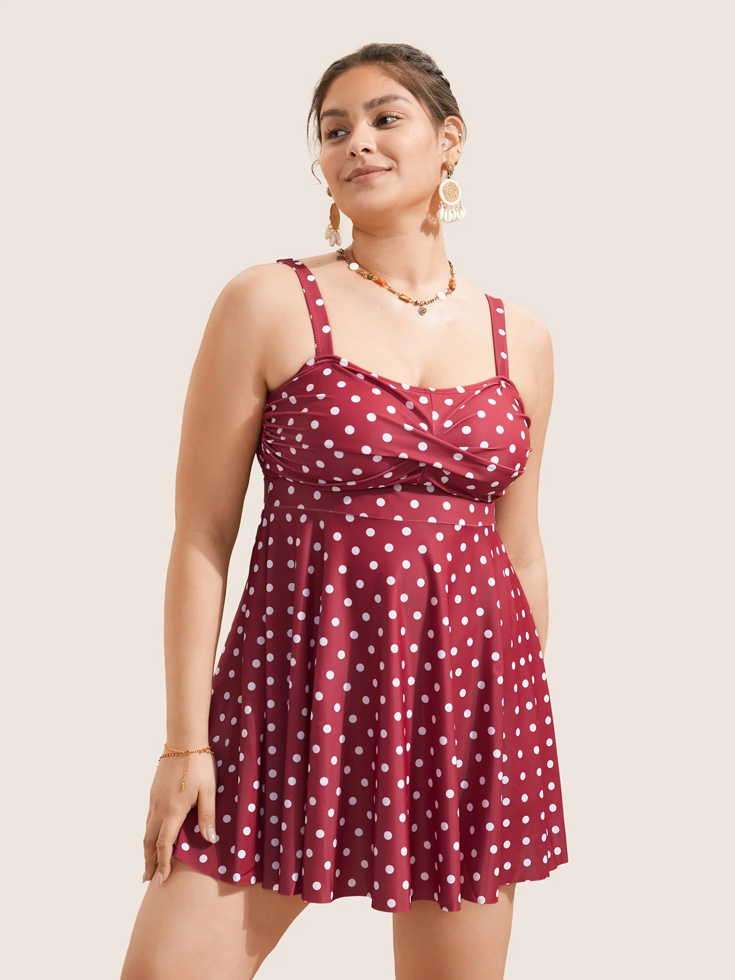 Polka Dot Crossover Ruched Flutter Hem Swim Dress - Image 9