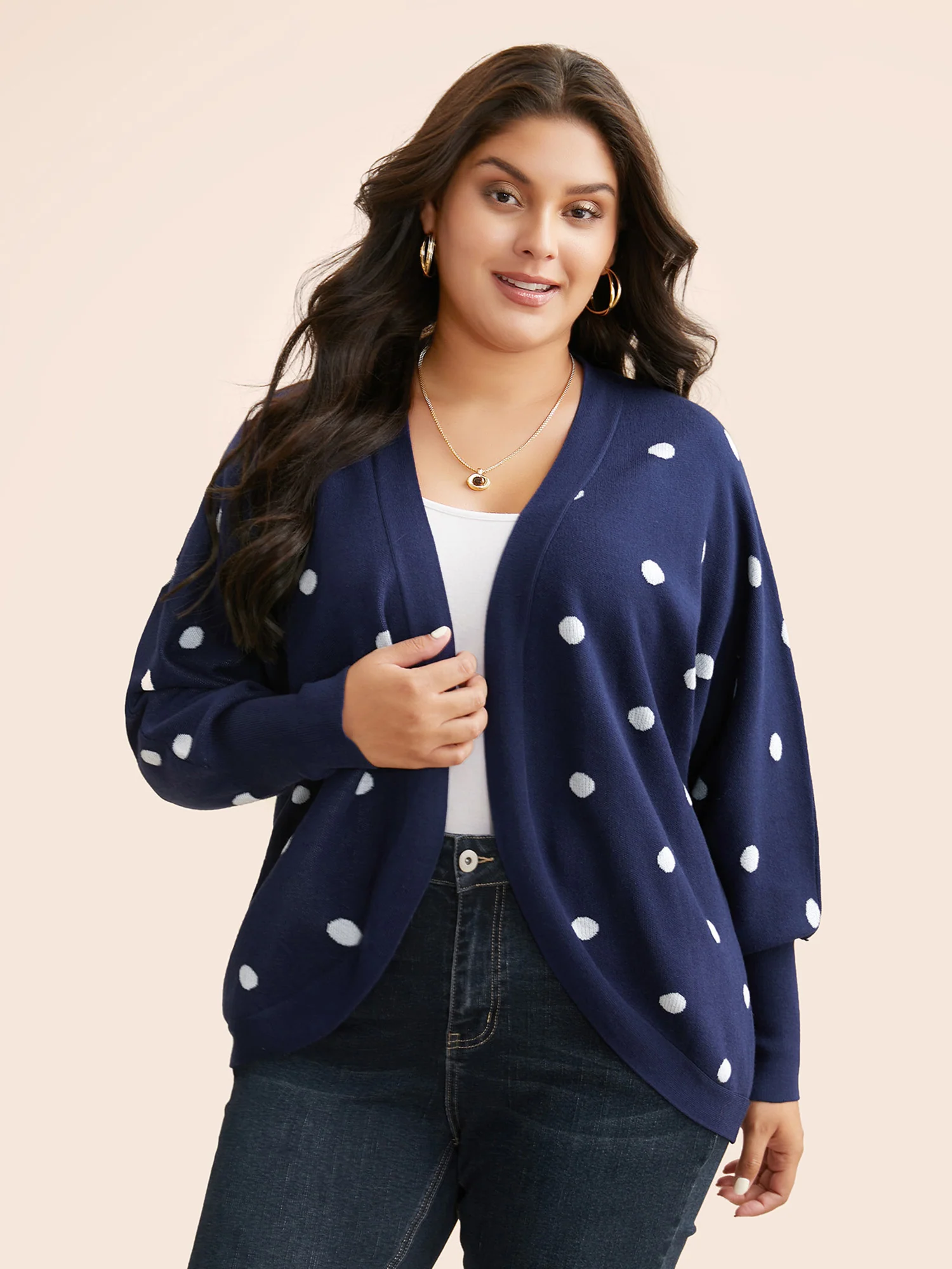 Polka Dot Curved Hem Dolman Sleeve Cardigan - Image 2