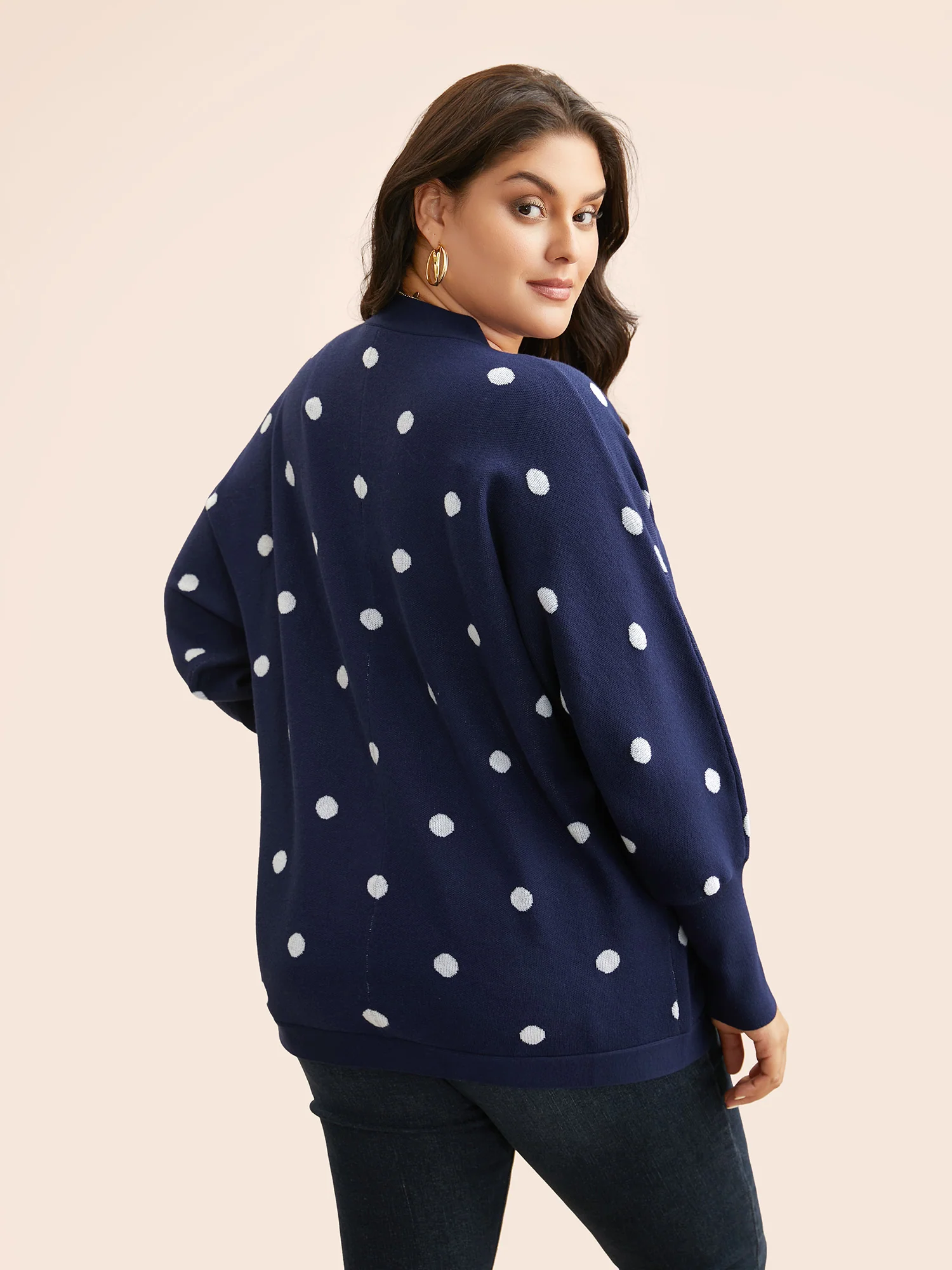 Polka Dot Curved Hem Dolman Sleeve Cardigan - Image 3