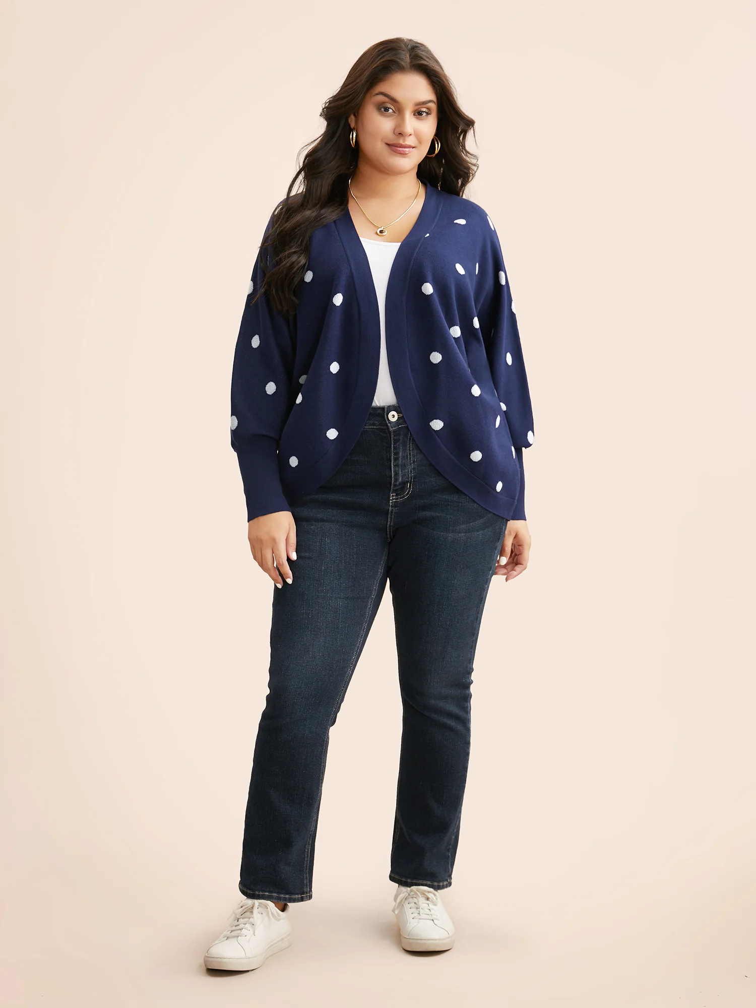 Polka Dot Curved Hem Dolman Sleeve Cardigan - Image 4