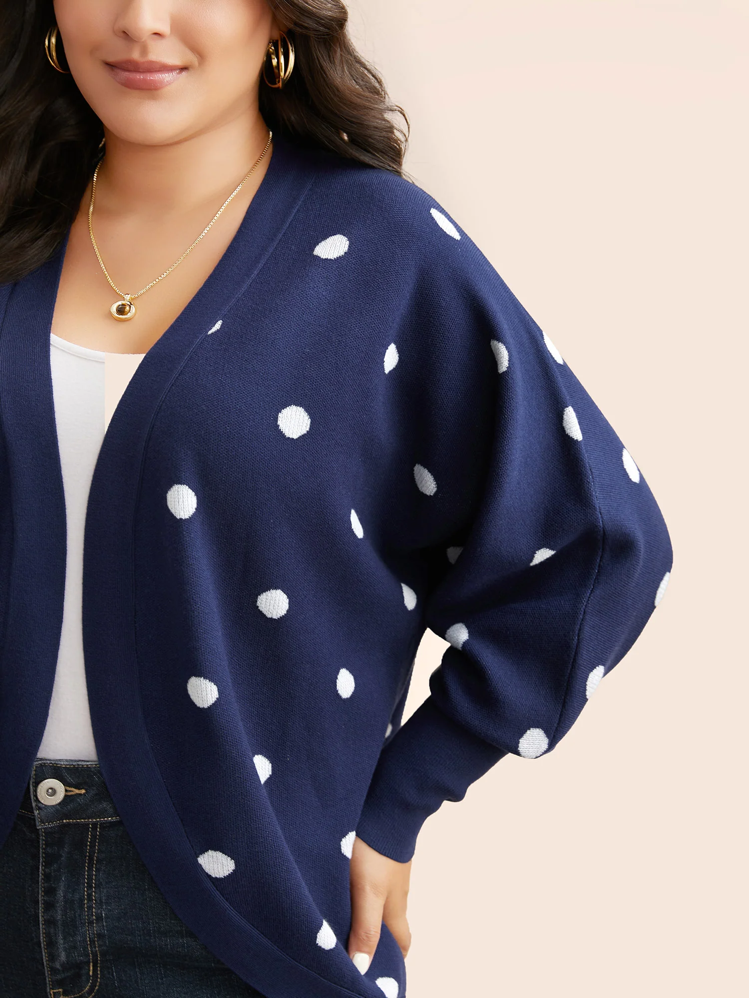 Polka Dot Curved Hem Dolman Sleeve Cardigan - Image 5