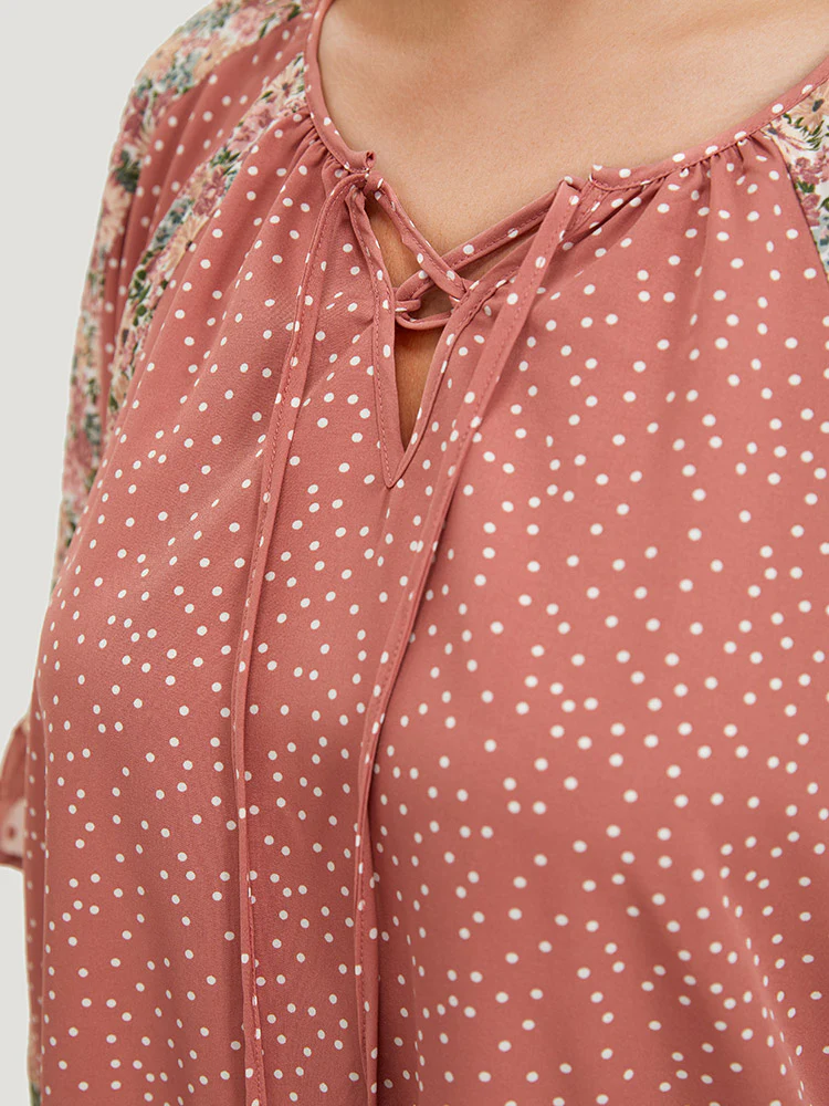 Polka Dot & Ditsy Floral Flounce Sleeve Lace Up Blouse - Image 10