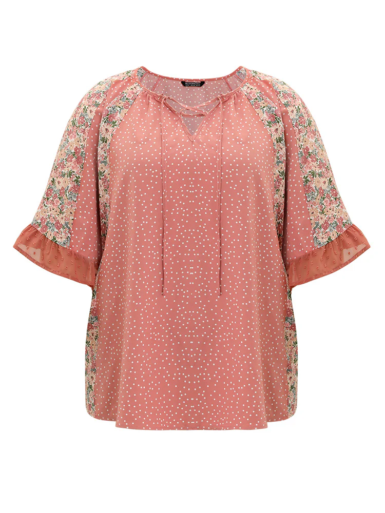 Polka Dot & Ditsy Floral Flounce Sleeve Lace Up Blouse - Image 11
