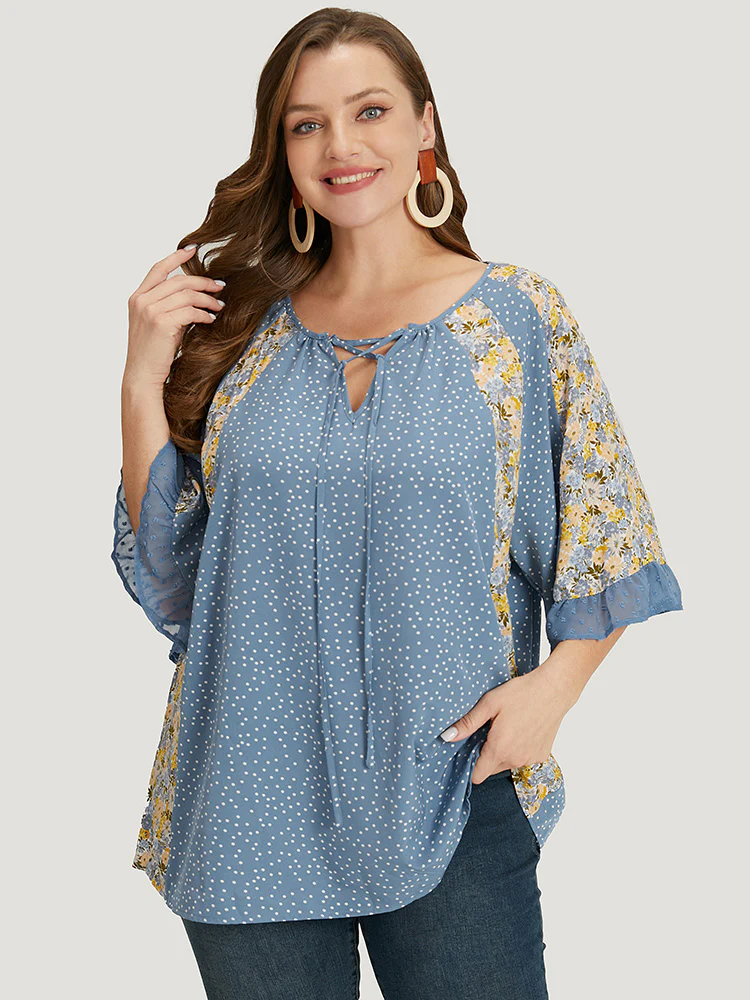 Polka Dot & Ditsy Floral Flounce Sleeve Lace Up Blouse - Image 12
