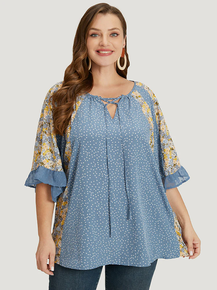 Polka Dot & Ditsy Floral Flounce Sleeve Lace Up Blouse - Image 13