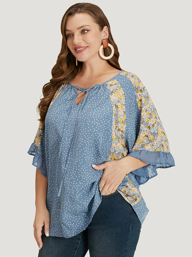 Polka Dot & Ditsy Floral Flounce Sleeve Lace Up Blouse - Image 14