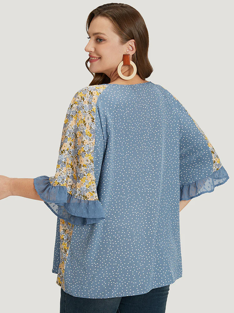 Polka Dot & Ditsy Floral Flounce Sleeve Lace Up Blouse - Image 15