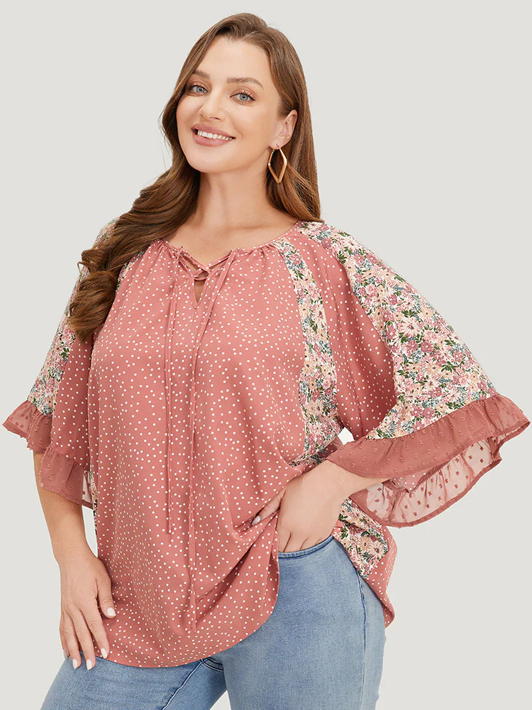 Polka Dot & Ditsy Floral Flounce Sleeve Lace Up Blouse - Image 2