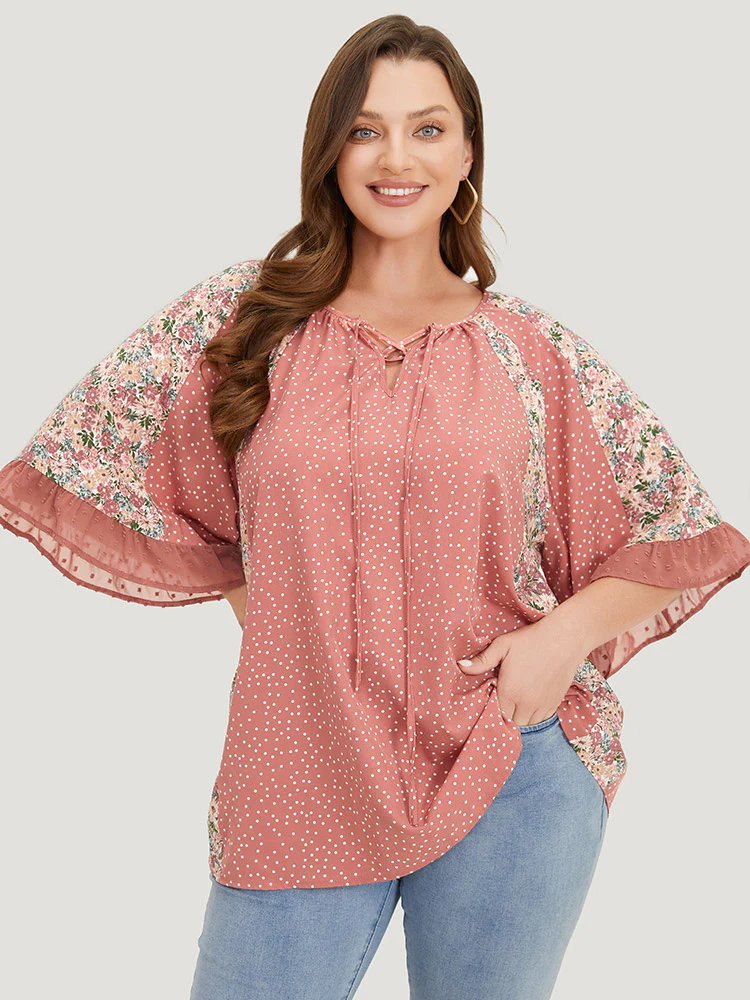 Polka Dot & Ditsy Floral Flounce Sleeve Lace Up Blouse - Image 3