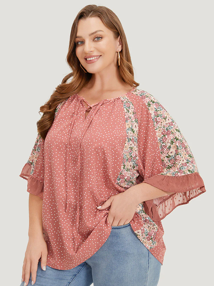 Polka Dot & Ditsy Floral Flounce Sleeve Lace Up Blouse - Image 4
