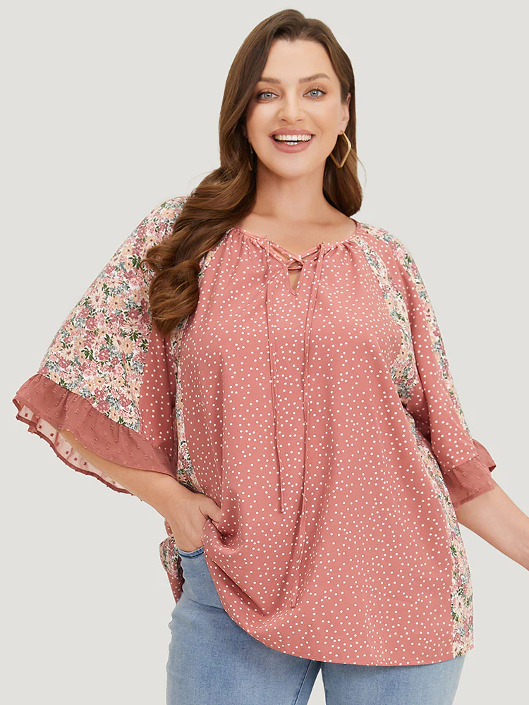 Polka Dot & Ditsy Floral Flounce Sleeve Lace Up Blouse - Image 5