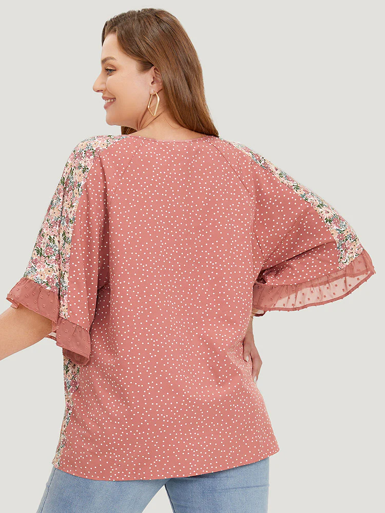 Polka Dot & Ditsy Floral Flounce Sleeve Lace Up Blouse - Image 6