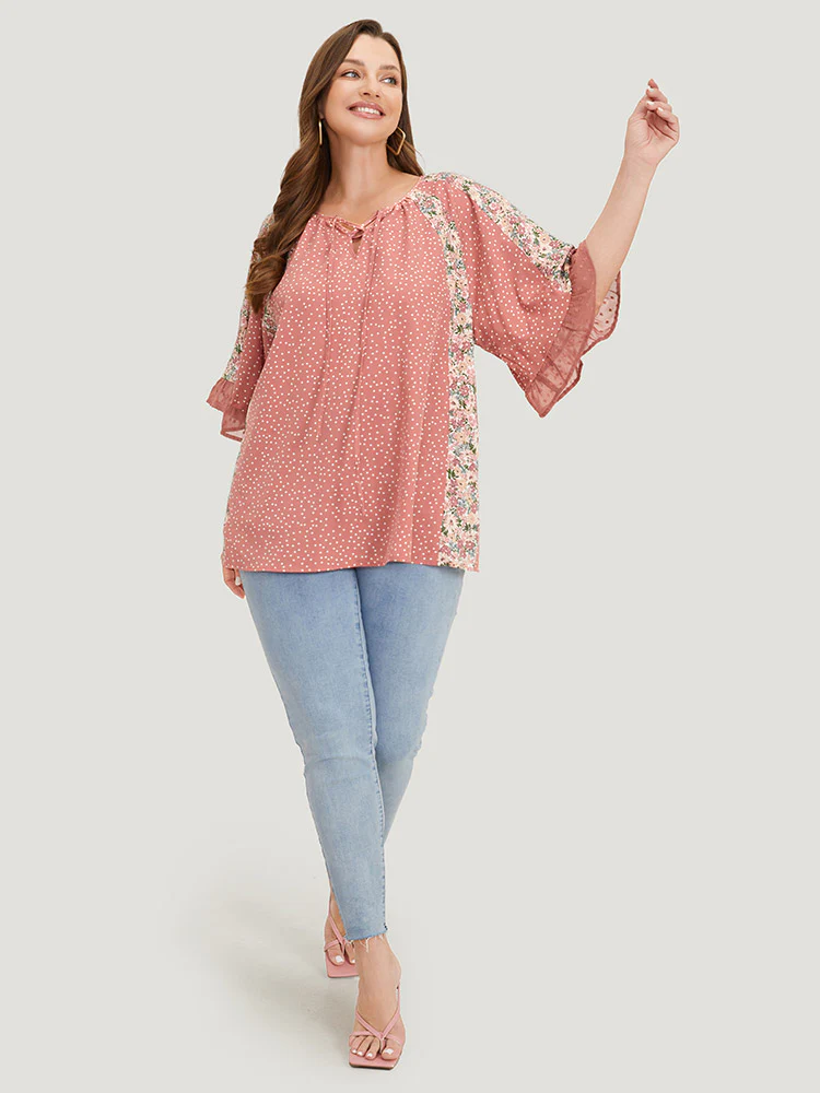 Polka Dot & Ditsy Floral Flounce Sleeve Lace Up Blouse - Image 7